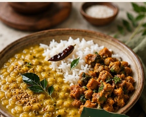 Traditional Indian meal — dal, rice and seasonal sabzi